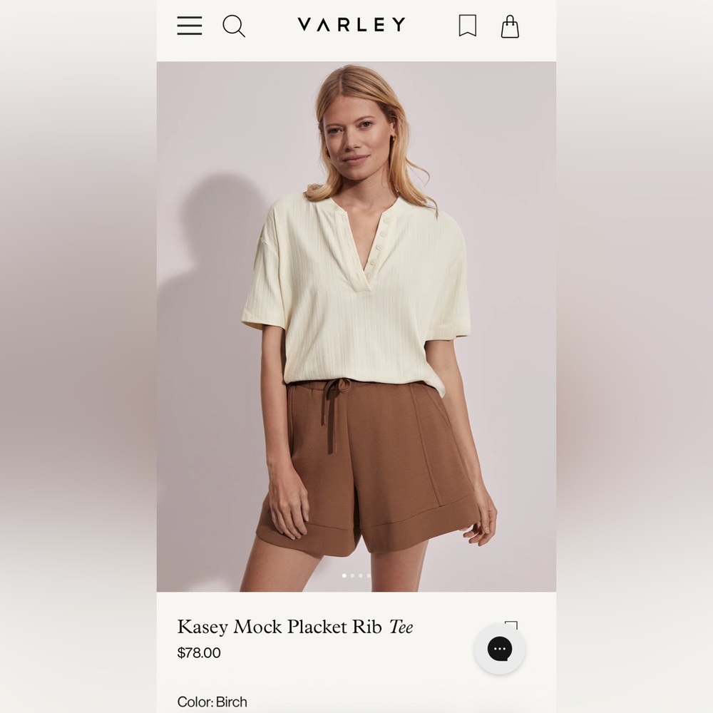 Varley Kasey Mock Rib Tee- Womens XXS- Birch (Ivory) color - NEW